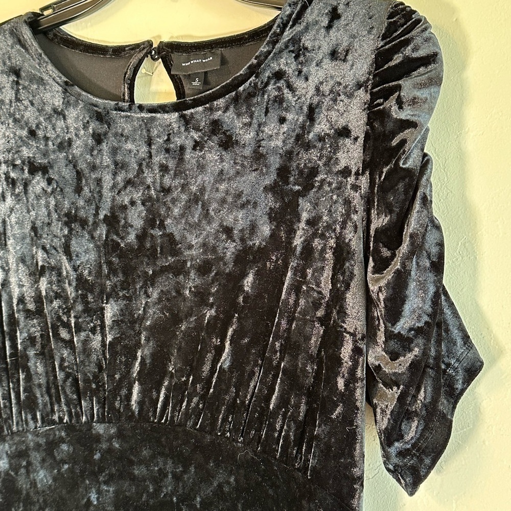 Crushed Black Velvet Vintage Tiered Maxi Dress with Rouched Sleeves Sz S - Picture 3 of 13